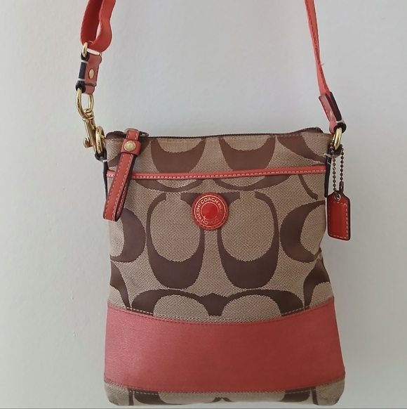 Coach Handbags - Coach Brown Signature Canvas Crossbody with Coral Trim Vintage Purse